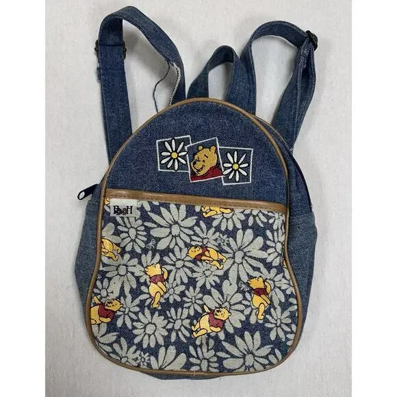 Vintage 90’s Winnie The Pooh Denim Jean Mini Backpack Bag Embroidered Accents - Picture 1 of 9